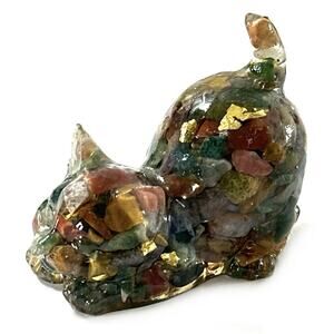 Handmade Resin Gemstone Cat Figurine Gold Flakes Inlay Mini Animal Sculpture 2”